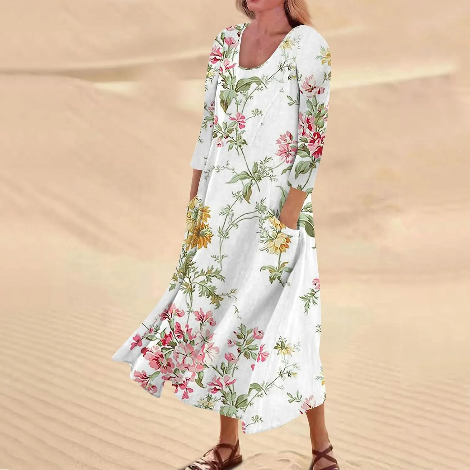 Segaven Womens Dresses Boho Flowy 3/4 Sleeve Sundresses with Pocket U Neck Printed Maxi Dresses Casual Beach Dress