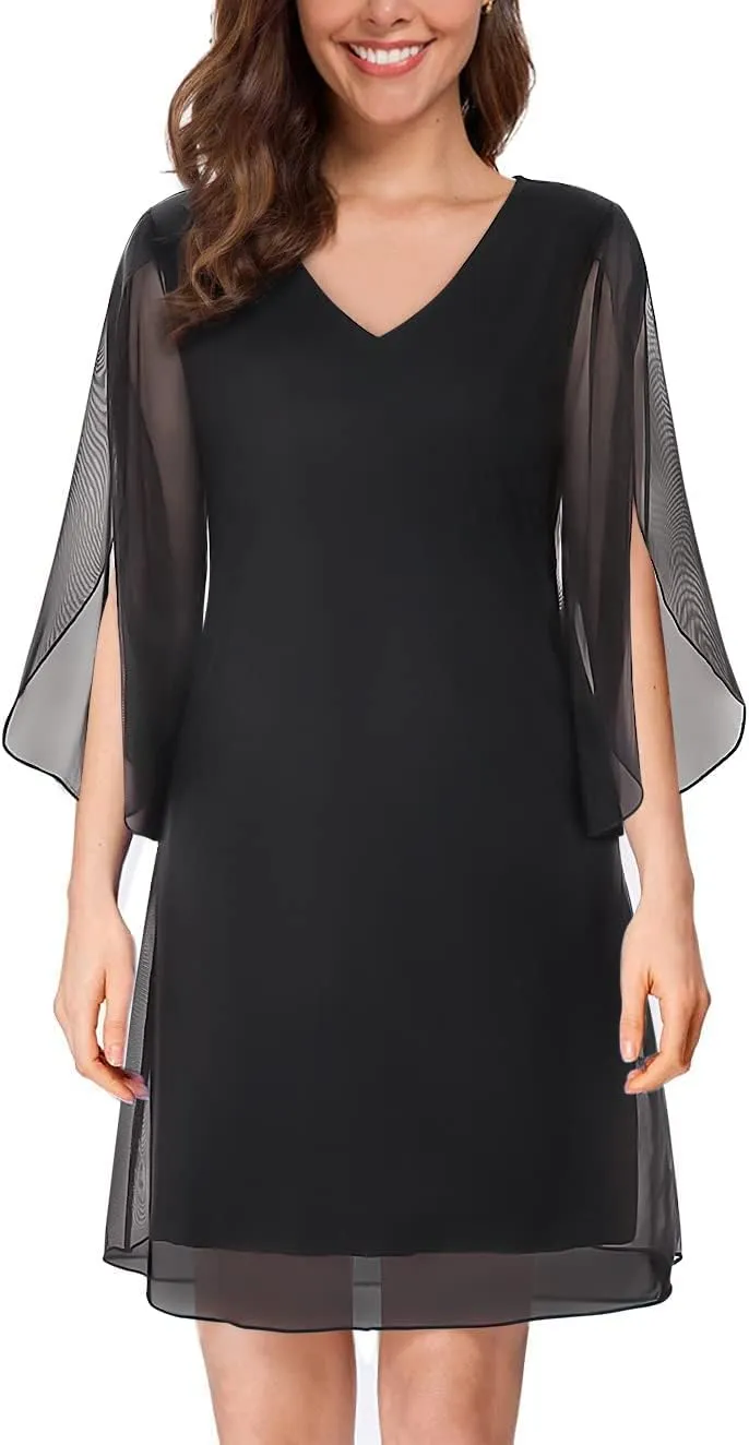 SeSe Code Womens Ruffle 3/4 Sleeve Stretchy Mesh Dress Wedding Guest Dresses