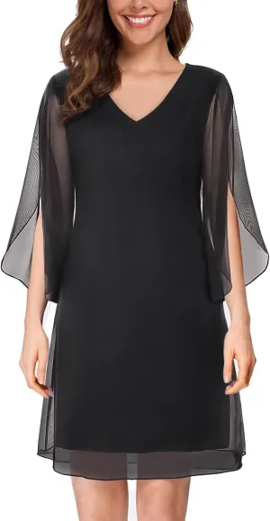 SeSe Code Womens Ruffle 3/4 Sleeve Stretchy Mesh Dress Wedding Guest Dresses