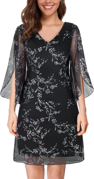 SeSe Code Womens Ruffle 3/4 Sleeve Stretchy Mesh Dress Wedding Guest Dresses