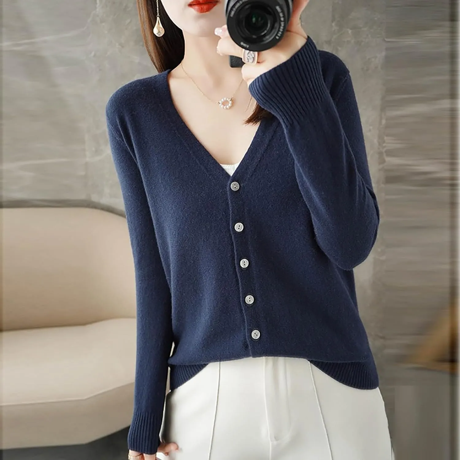 SHAOBGE Chunky Knitted Sweater Women's Spring and Autumn Leisure Loose Solid Long Sleeve V Chunky Oversized Sweaters for