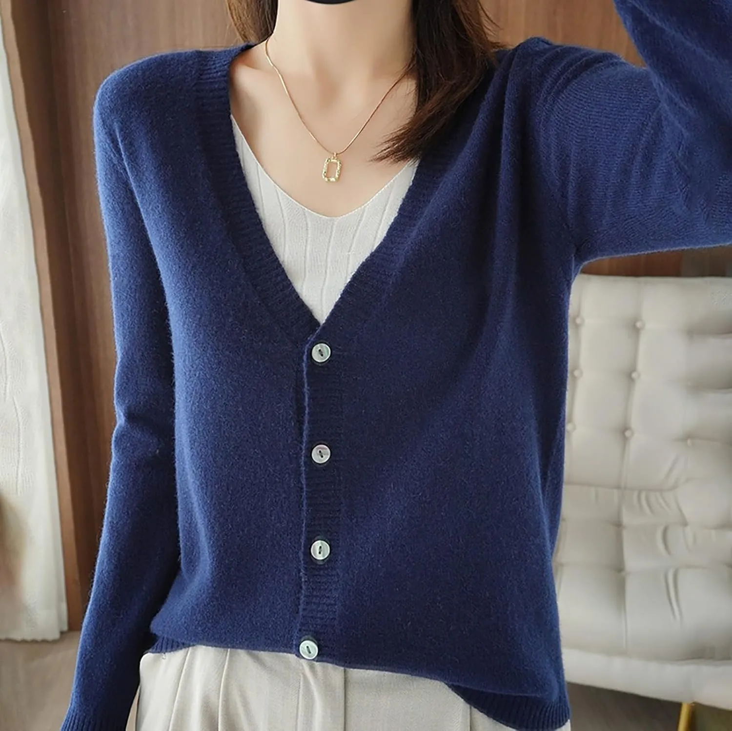 SHAOBGE Chunky Knitted Sweater Women's Spring and Autumn Leisure Loose Solid Long Sleeve V Chunky Oversized Sweaters for