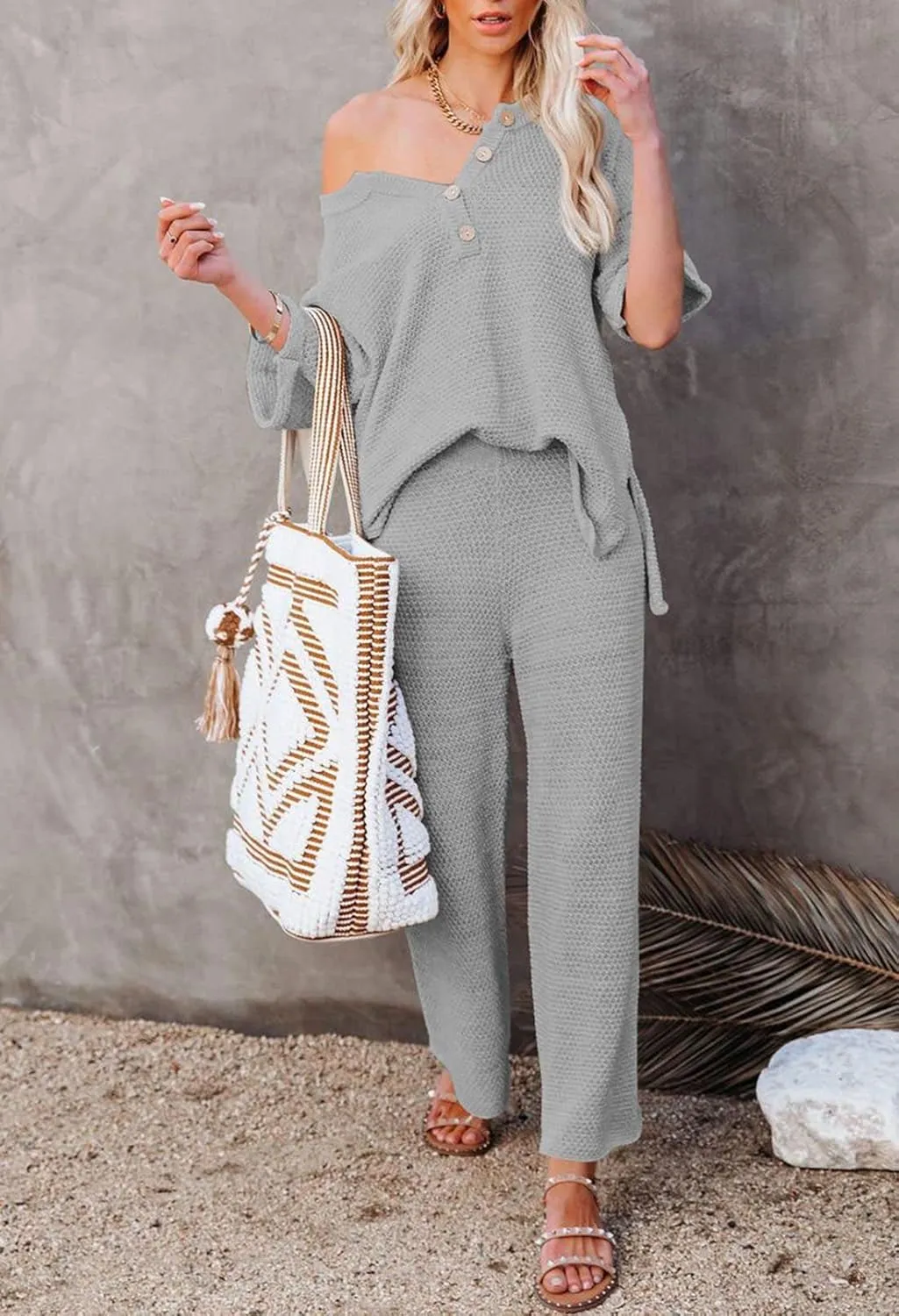 Shawhuwa 2023 Women's 2 Piece Outfits Short Sleeve Button Knit Top Wide Leg Pants Sweatsuit Slouchy Loungewear Set