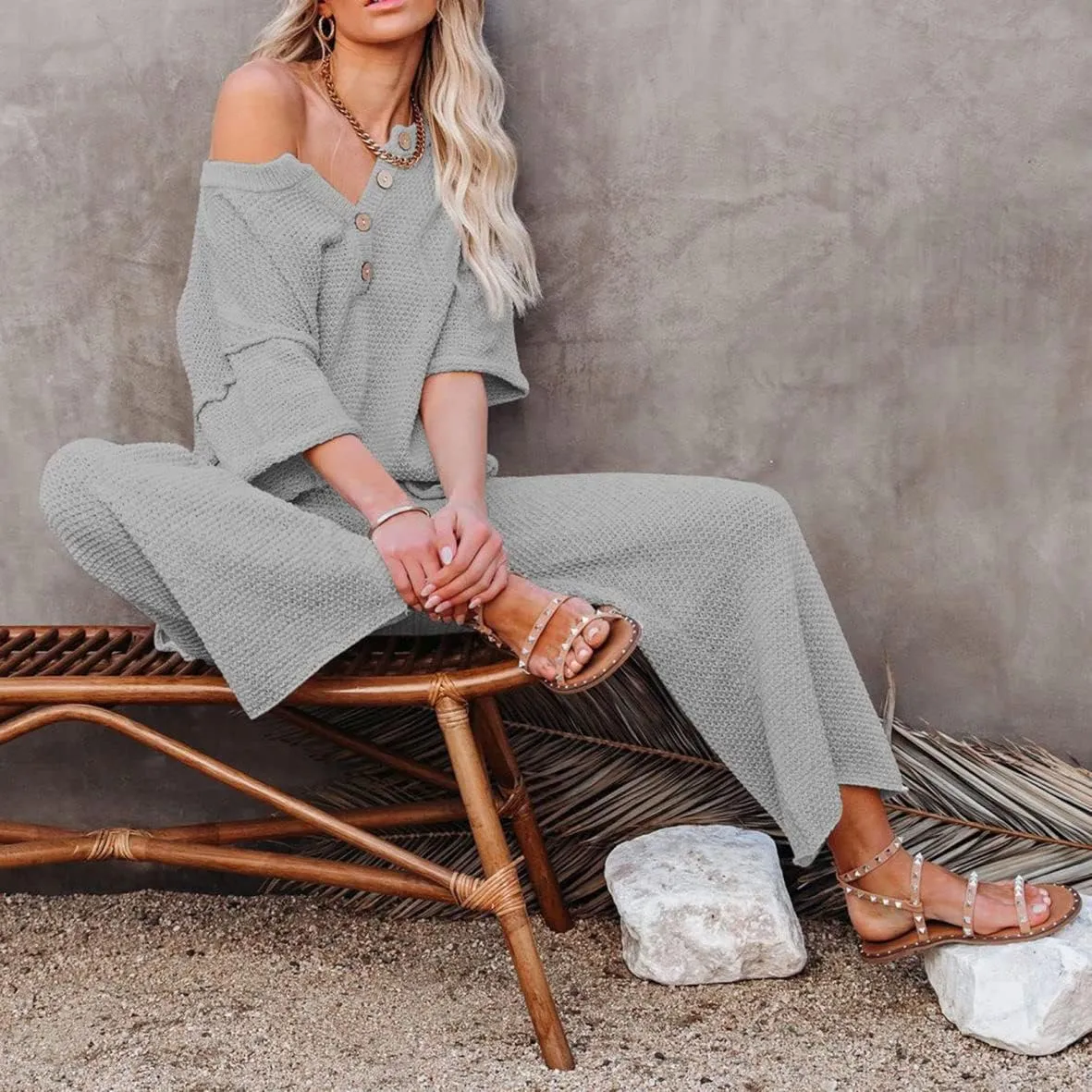 Shawhuwa 2023 Women's 2 Piece Outfits Short Sleeve Button Knit Top Wide Leg Pants Sweatsuit Slouchy Loungewear Set