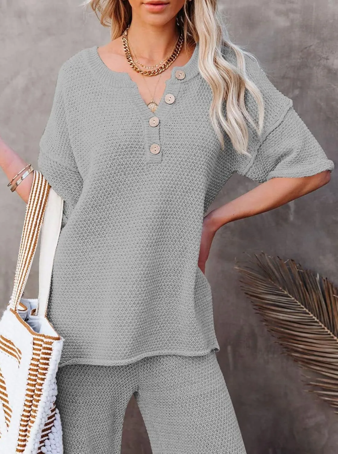 Shawhuwa 2023 Women's 2 Piece Outfits Short Sleeve Button Knit Top Wide Leg Pants Sweatsuit Slouchy Loungewear Set