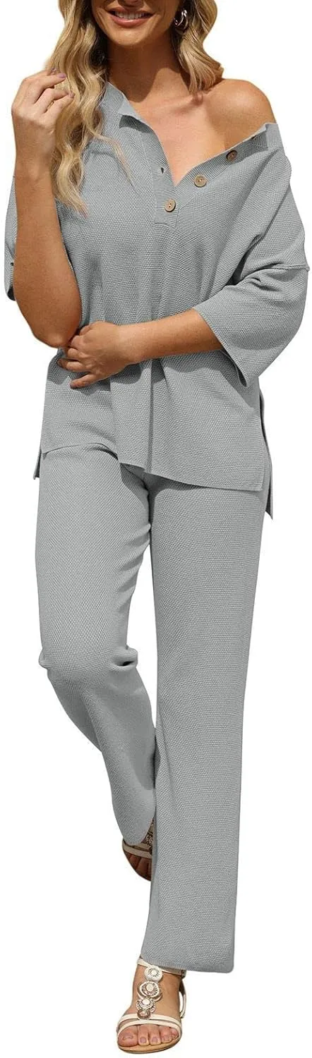 Shawhuwa 2023 Women's 2 Piece Outfits Short Sleeve Button Knit Top Wide Leg Pants Sweatsuit Slouchy Loungewear Set