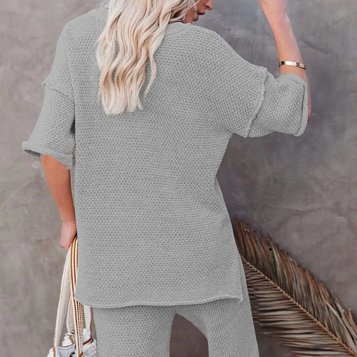 Shawhuwa 2023 Women's 2 Piece Outfits Short Sleeve Button Knit Top Wide Leg Pants Sweatsuit Slouchy Loungewear Set