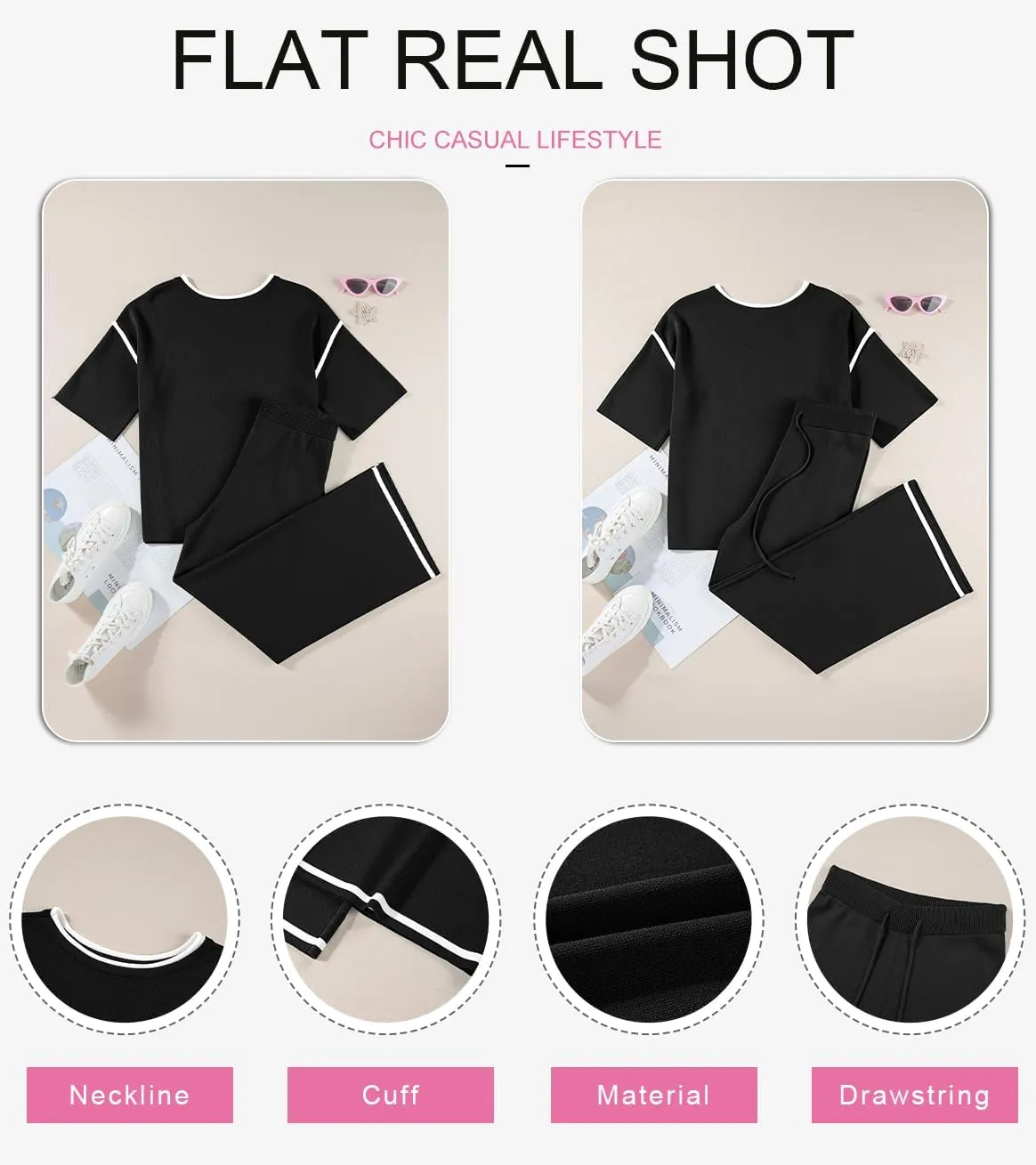 SHEWIN Womens Two Piece Outfits Casual Short Sleeve Knit Sweater Tops Matching Wide Leg Pants Tracksuit Lounge Sets