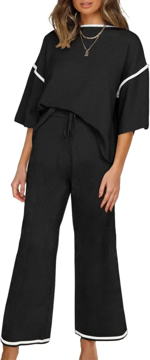 SHEWIN Womens Two Piece Outfits Casual Short Sleeve Knit Sweater Tops Matching Wide Leg Pants Tracksuit Lounge Sets