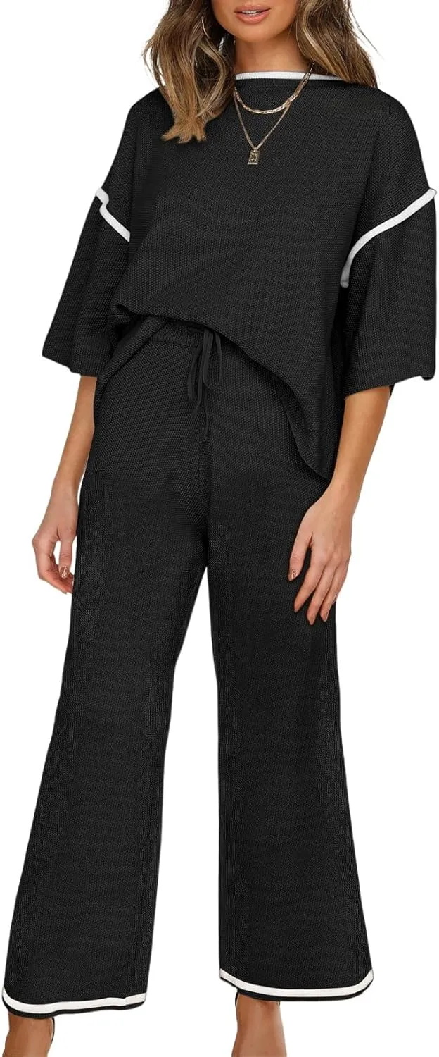 SHEWIN Womens Two Piece Outfits Casual Short Sleeve Knit Sweater Tops Matching Wide Leg Pants Tracksuit Lounge Sets