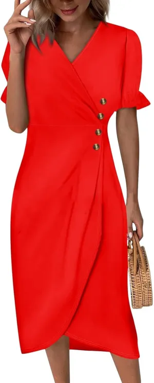 Shift Dresses for Women Faux Wrap Irregular Hem Boho Midi-Dress Elegant Summer Trendy 2025
