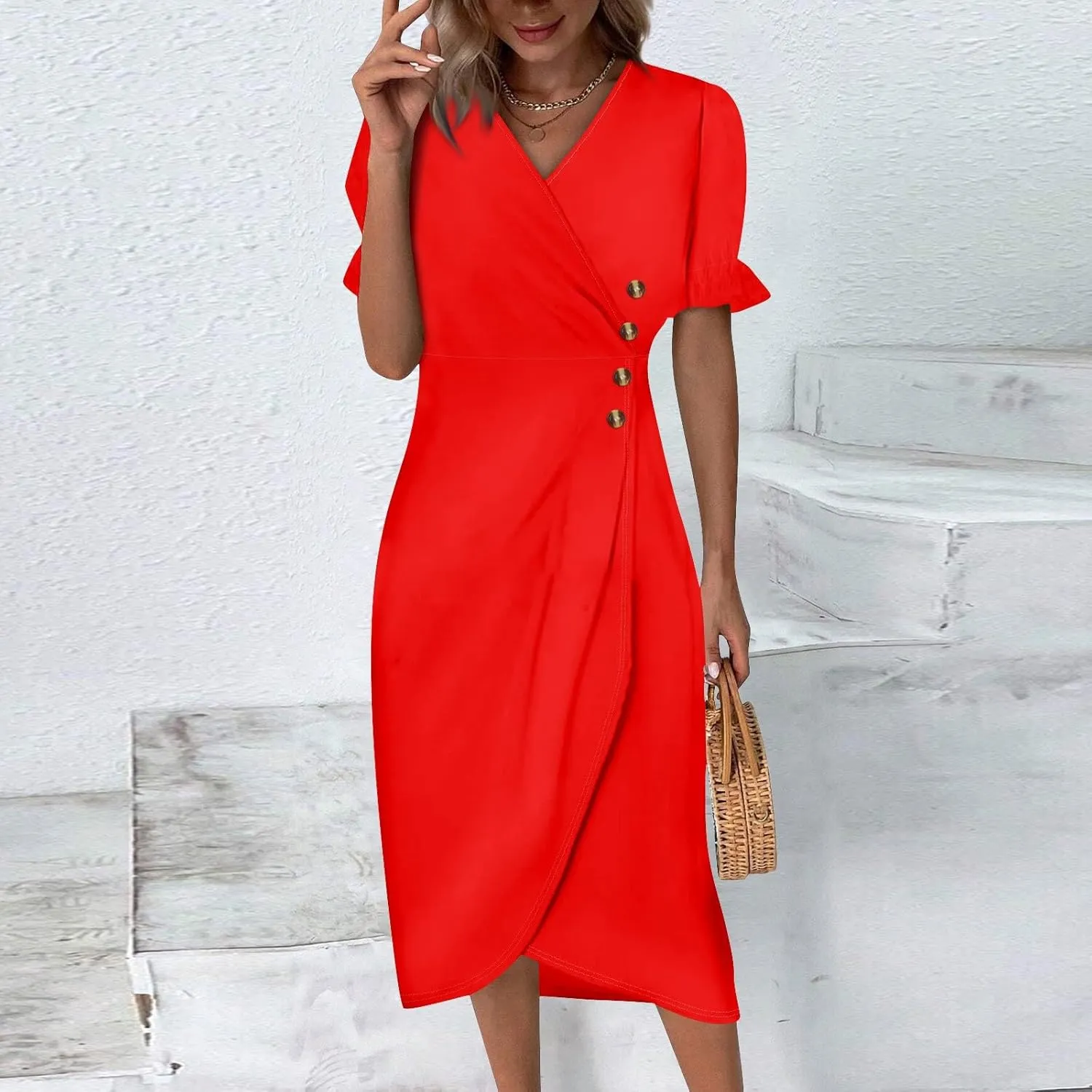 Shift Dresses for Women Faux Wrap Irregular Hem Boho Midi-Dress Elegant Summer Trendy 2025