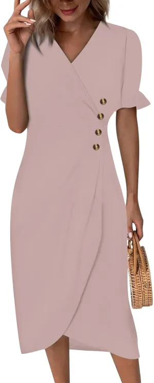 Shift Dresses for Women Faux Wrap Irregular Hem Boho Midi-Dress Elegant Summer Trendy 2025