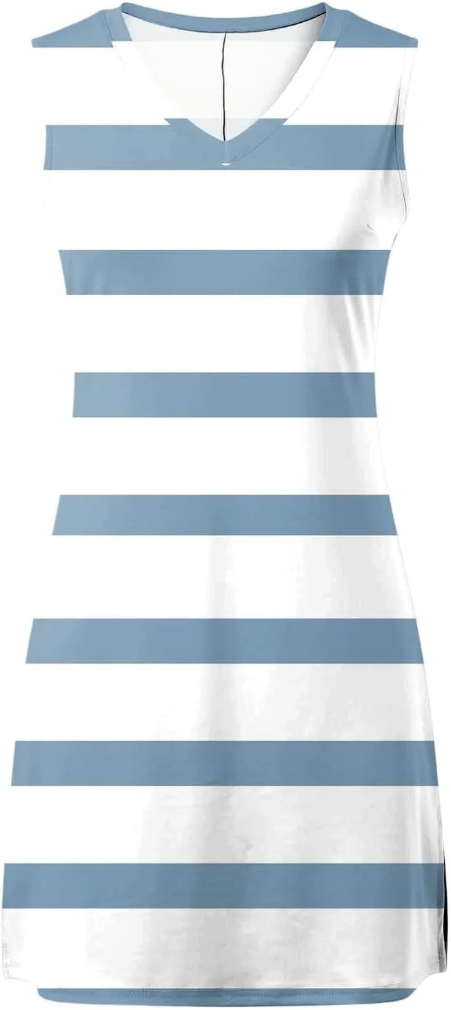 Short Summer Dresses for Women Fashion Striped Sleeveless V Neck Tshirt Mini Dress Bohemian Wedding Teacher Outfits