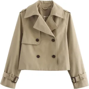 Short Trench Coat for Women, Double Breasted Long Sleeve Lapel Casual Jackets Outerwear with Pockets