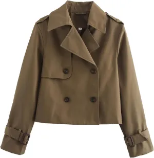 Short Trench Coat for Women, Double Breasted Long Sleeve Lapel Casual Jackets Outerwear with Pockets