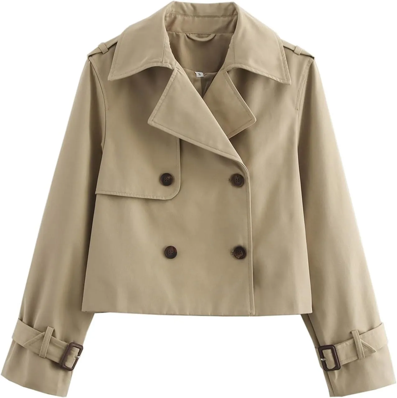 Short Trench Coat for Women, Double Breasted Long Sleeve Lapel Casual Jackets Outerwear with Pockets