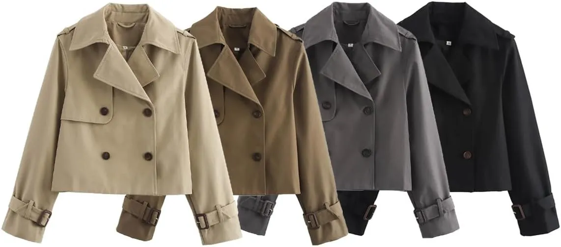 Short Trench Coat for Women, Double Breasted Long Sleeve Lapel Casual Jackets Outerwear with Pockets