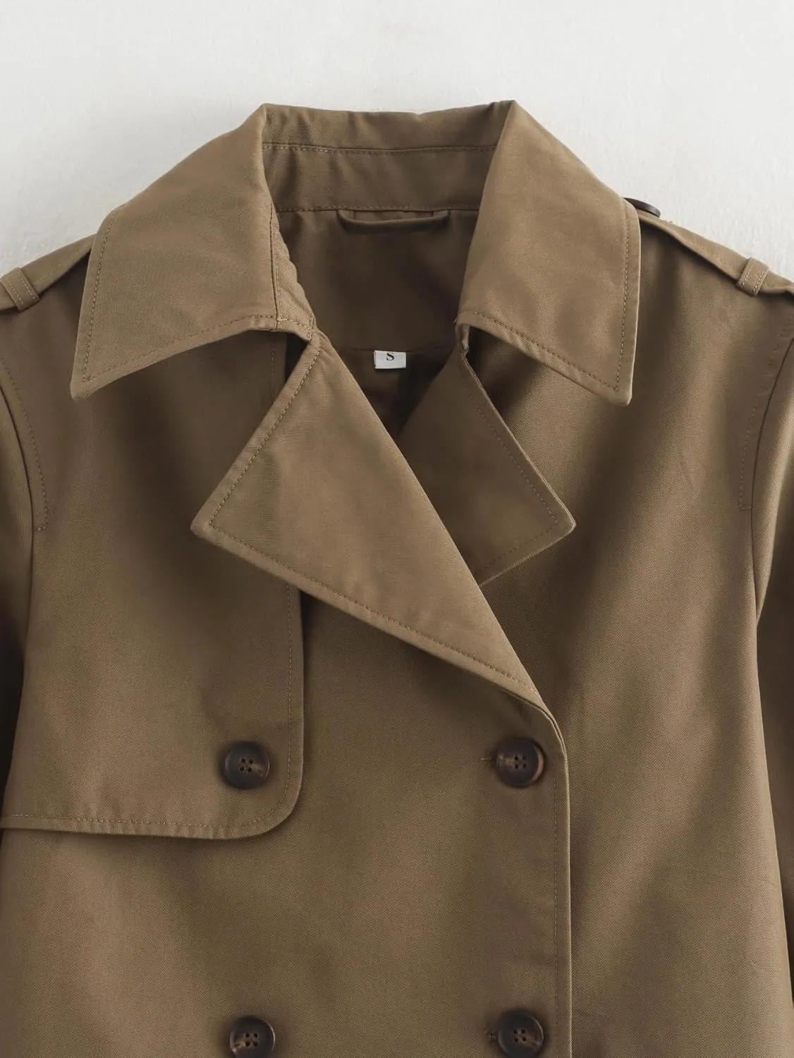 Short Trench Coat for Women, Double Breasted Long Sleeve Lapel Casual Jackets Outerwear with Pockets