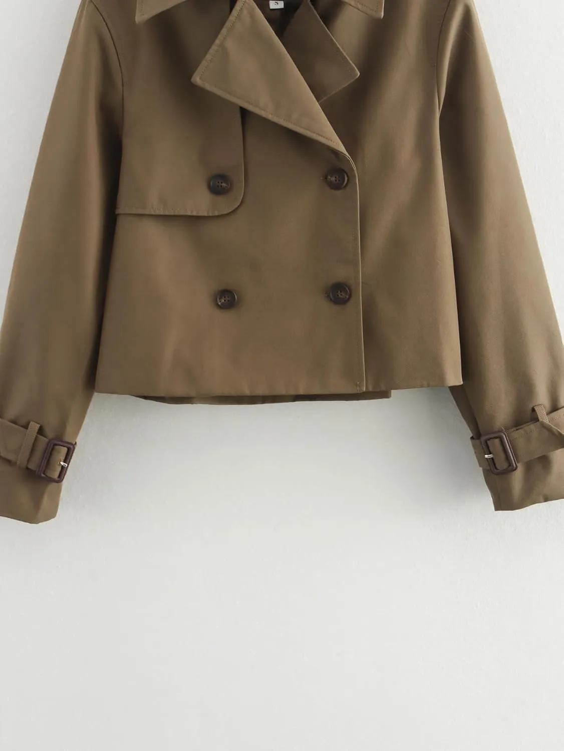 Short Trench Coat for Women, Double Breasted Long Sleeve Lapel Casual Jackets Outerwear with Pockets