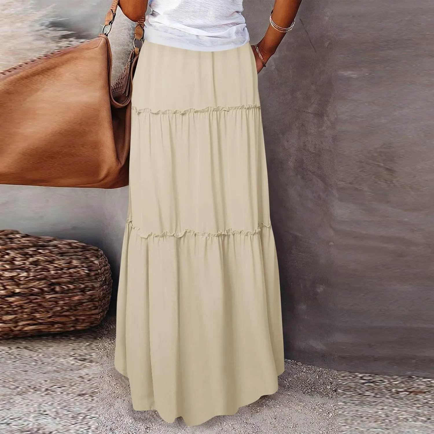 Silk Womens Skirts Long Maxi Tiered Elastic High Waisted Skirts Drawstring Pleated Dance Flowy Skirt with Pockets