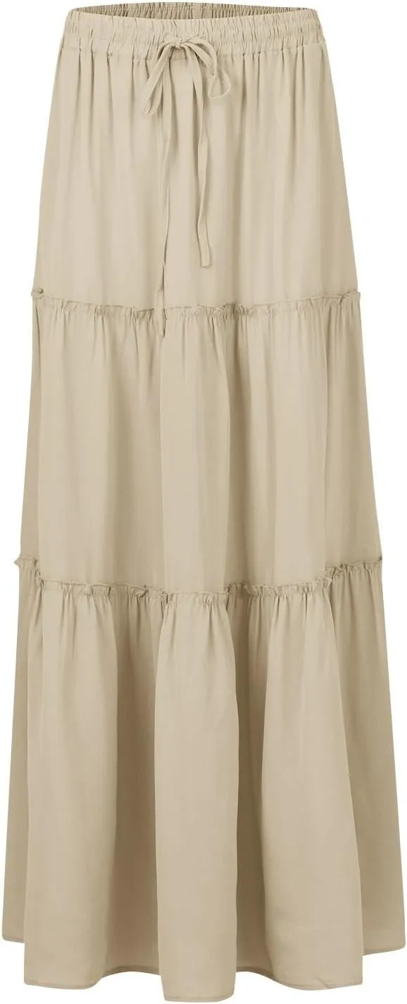Silk Womens Skirts Long Maxi Tiered Elastic High Waisted Skirts Drawstring Pleated Dance Flowy Skirt with Pockets