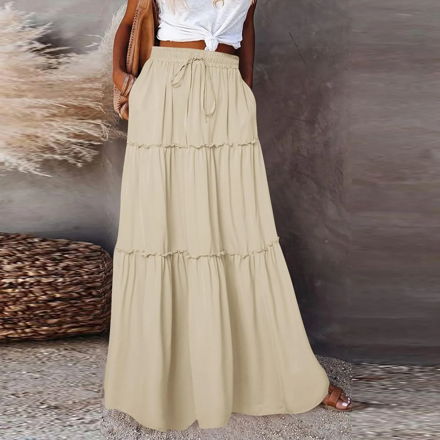 Silk Womens Skirts Long Maxi Tiered Elastic High Waisted Skirts Drawstring Pleated Dance Flowy Skirt with Pockets