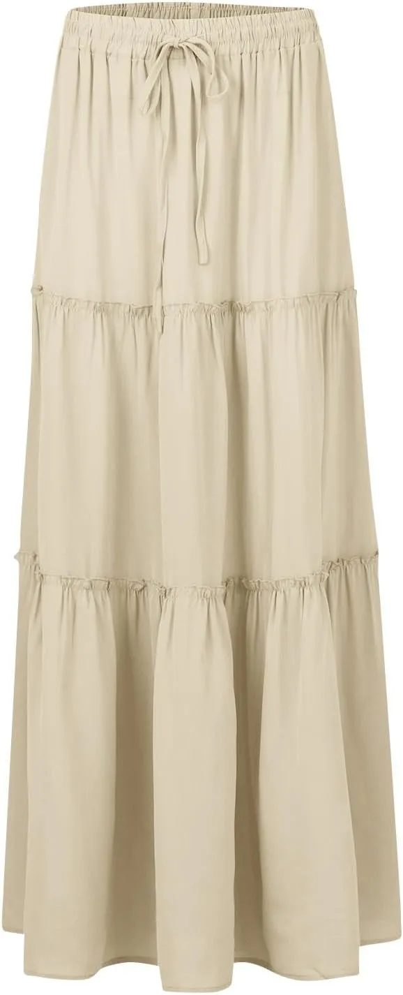 Silk Womens Skirts Long Maxi Tiered Elastic High Waisted Skirts Drawstring Pleated Dance Flowy Skirt with Pockets