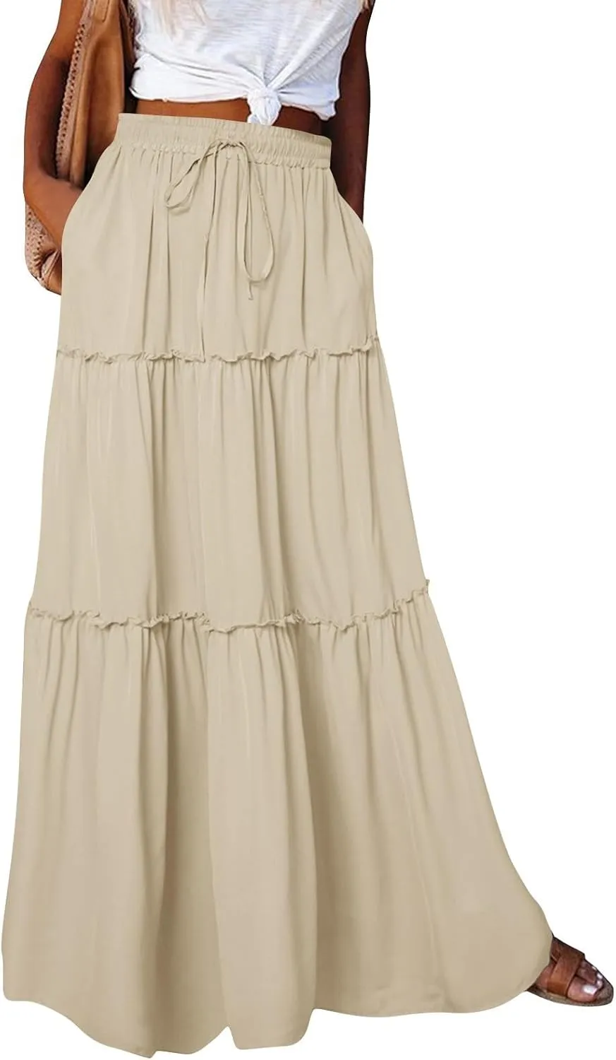 Silk Womens Skirts Long Maxi Tiered Elastic High Waisted Skirts Drawstring Pleated Dance Flowy Skirt with Pockets