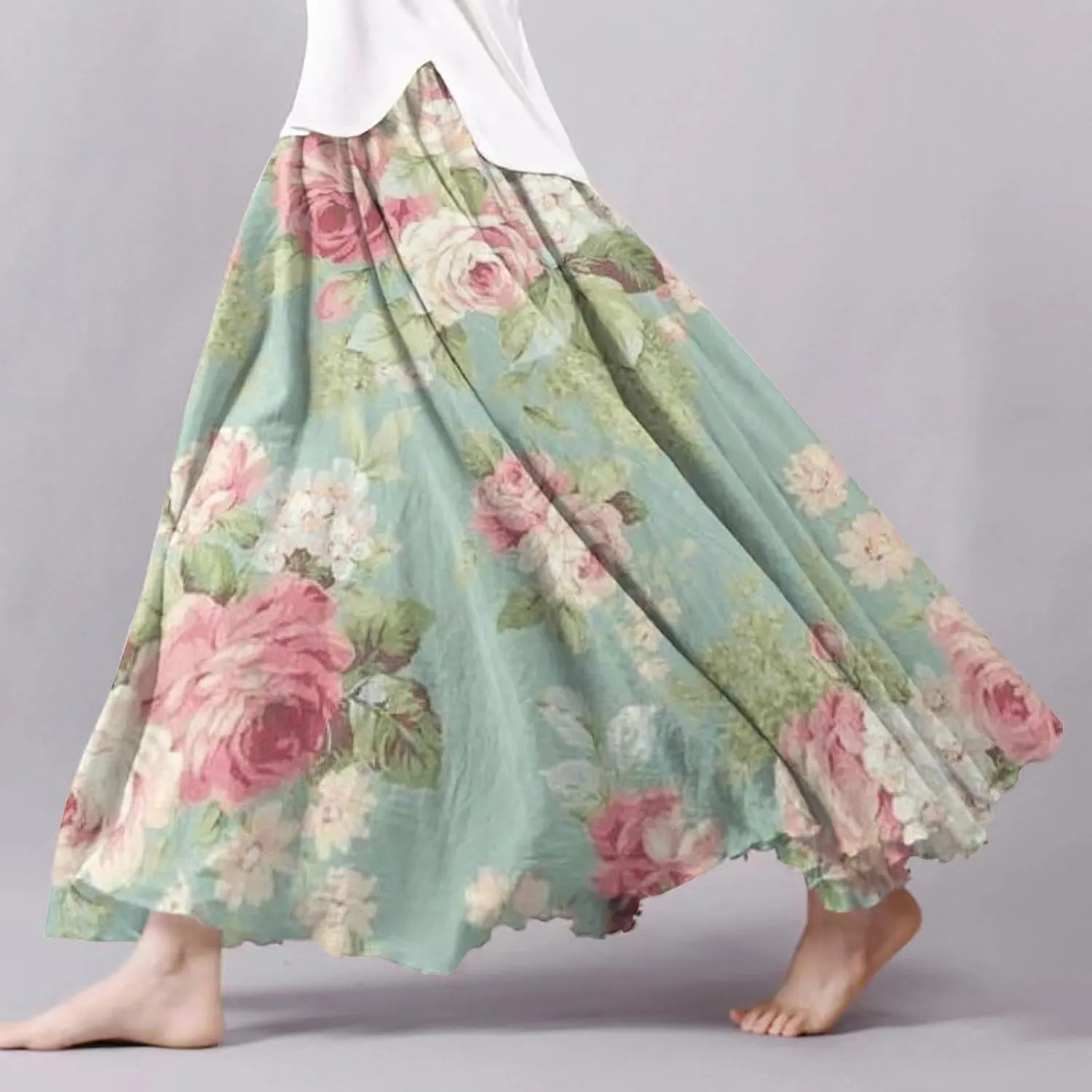 Skirts for Women Trendy Summer Fall Retro Floral Art Linen Elastic High Waist Tiered Long Maxi Skirt with Pockets