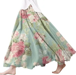 Skirts for Women Trendy Summer Fall Retro Floral Art Linen Elastic High Waist Tiered Long Maxi Skirt with Pockets
