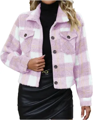 SMIDOW Women Fashion Cropped Shacket Jacket Plaid Cropped Shacket Casual Plaid Wool Blend Shirt 2023 Fall Coat Tops