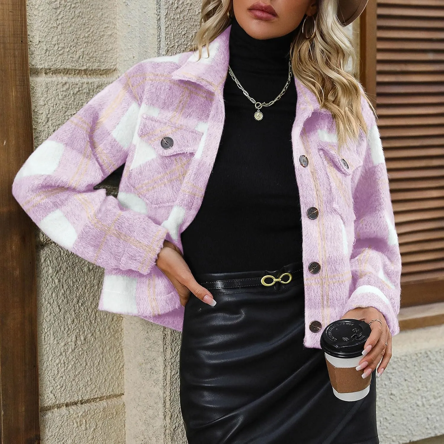 SMIDOW Women Fashion Cropped Shacket Jacket Plaid Cropped Shacket Casual Plaid Wool Blend Shirt 2023 Fall Coat Tops