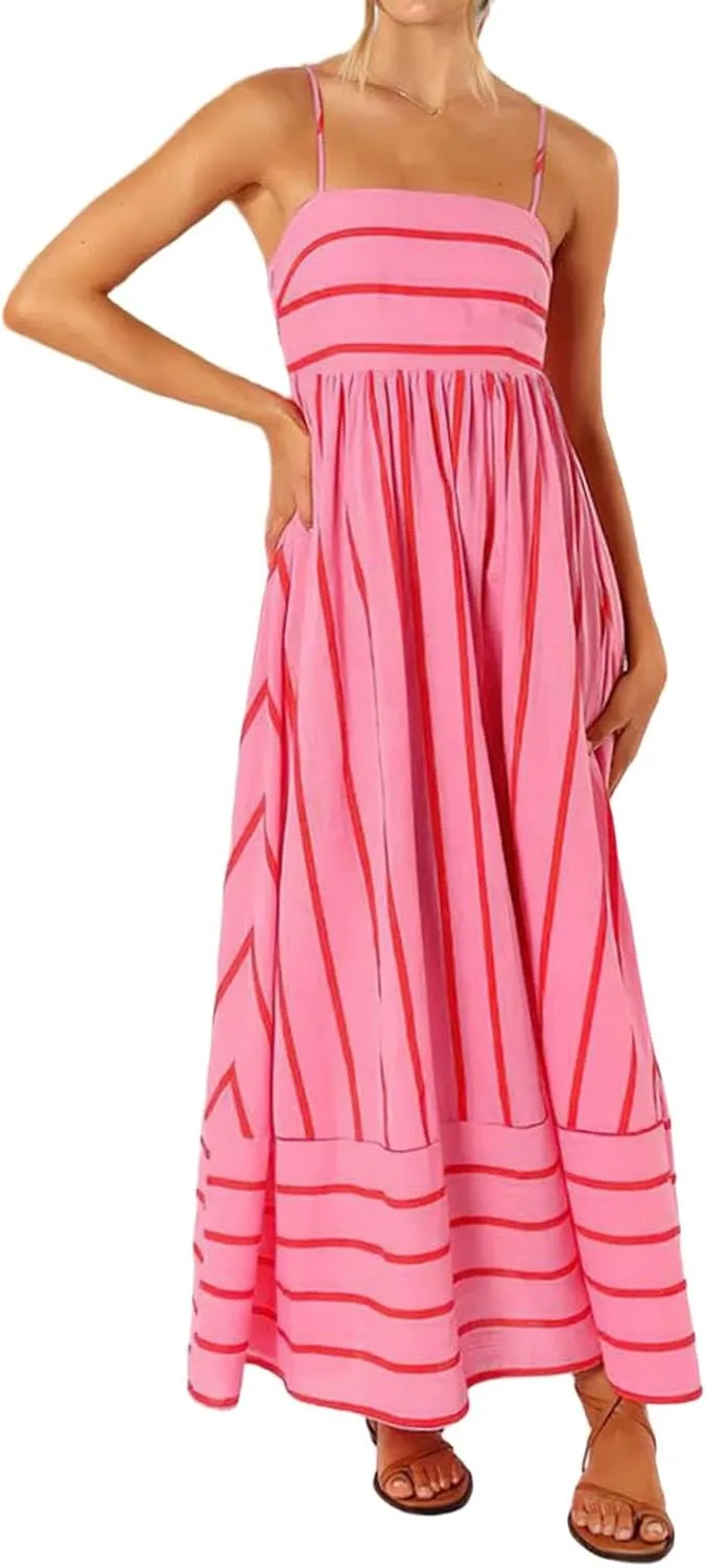 Smocked Maxi Dress for Women Striped Sleeveless Cutout Backless Sundress Boho Flowy Back Sexy Strap Swing Dresses