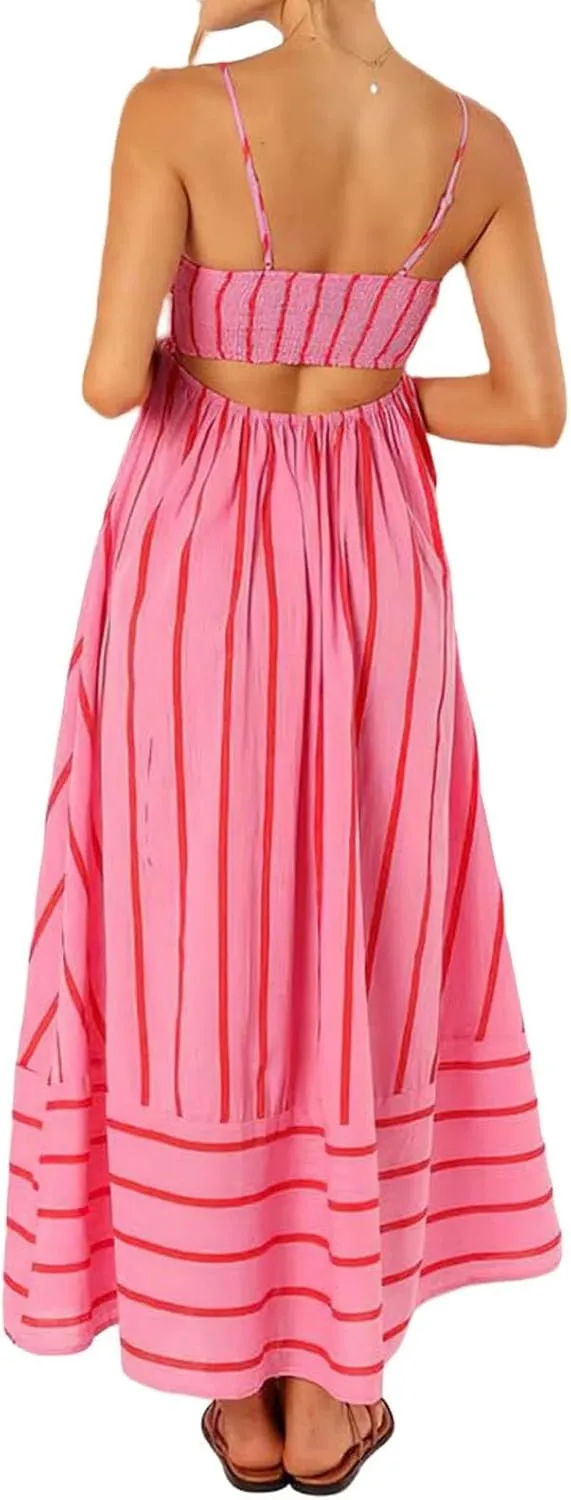 Smocked Maxi Dress for Women Striped Sleeveless Cutout Backless Sundress Boho Flowy Back Sexy Strap Swing Dresses