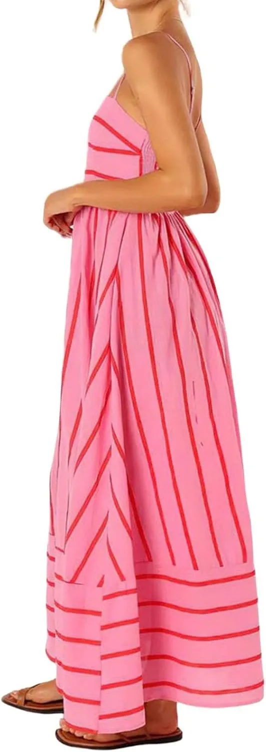 Smocked Maxi Dress for Women Striped Sleeveless Cutout Backless Sundress Boho Flowy Back Sexy Strap Swing Dresses