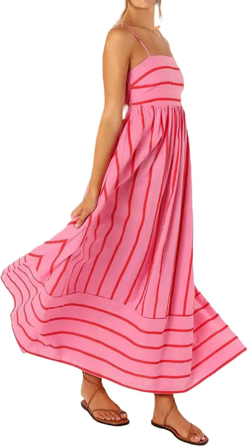 Smocked Maxi Dress for Women Striped Sleeveless Cutout Backless Sundress Boho Flowy Back Sexy Strap Swing Dresses