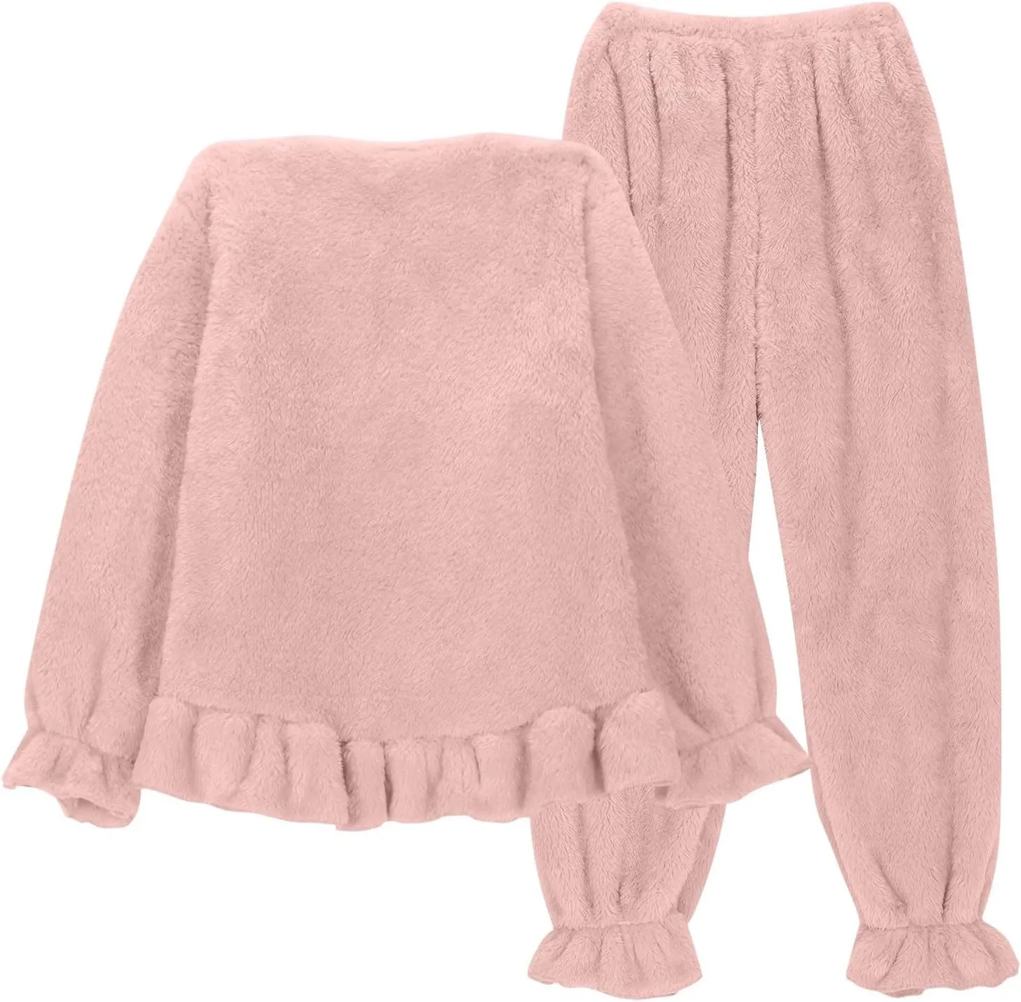Soft Plush Homewear Outfits for Women Kawaii Ruffle Trim Babydoll Tops and Lounge Pant Sleepwear Winter Fuzzy Pajamas