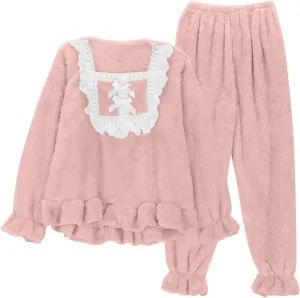 Soft Plush Homewear Outfits for Women Kawaii Ruffle Trim Babydoll Tops and Lounge Pant Sleepwear Winter Fuzzy Pajamas