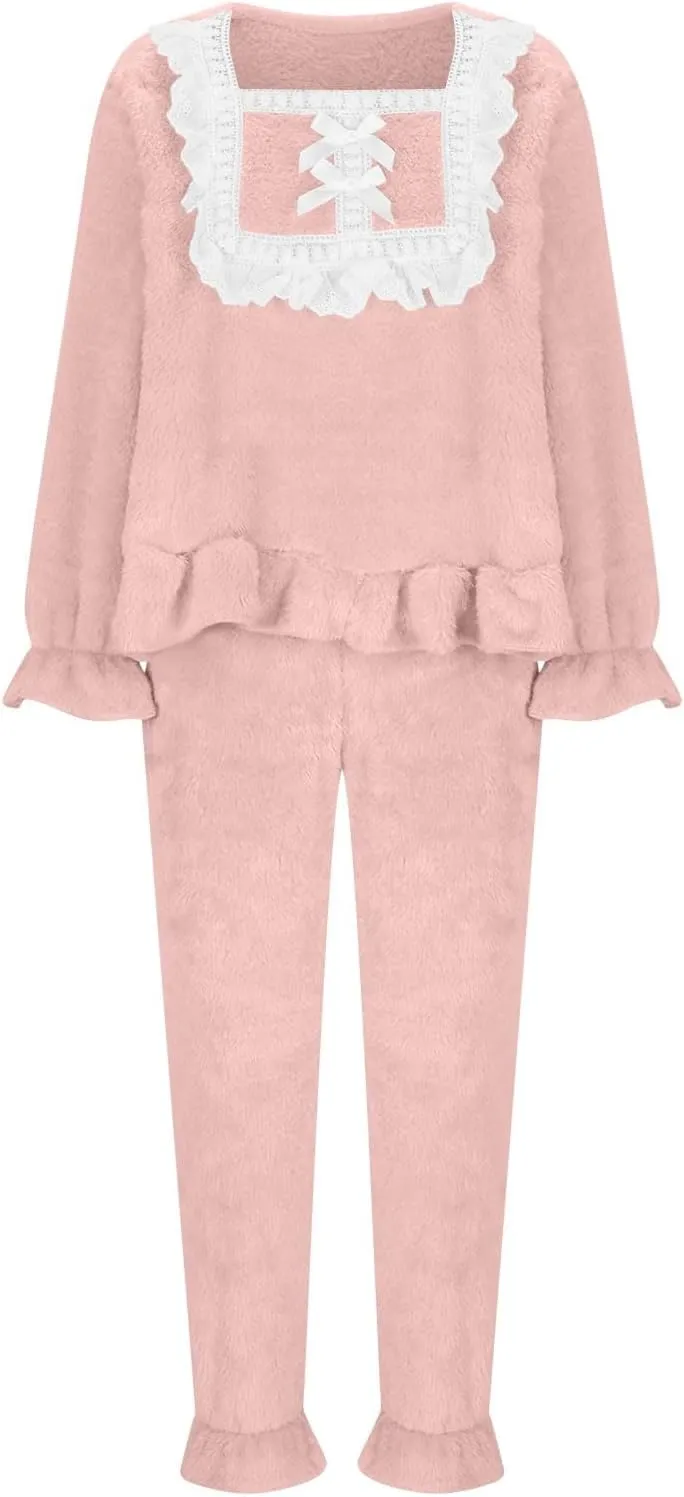 Soft Plush Homewear Outfits for Women Kawaii Ruffle Trim Babydoll Tops and Lounge Pant Sleepwear Winter Fuzzy Pajamas