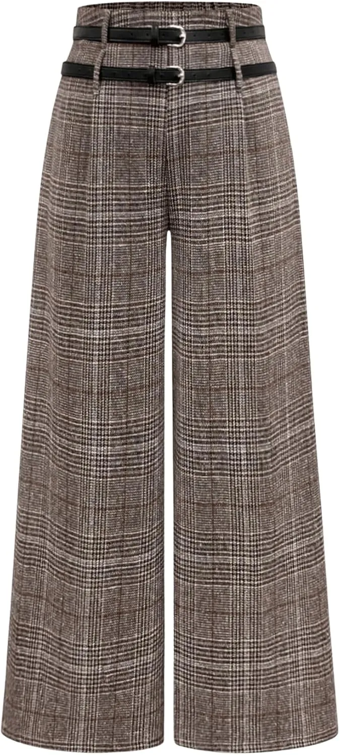 SOLY HUX Women's Plus Size Dress Pants Plaid Wide Leg High Waisted Work Office Tailored Pants with Belt