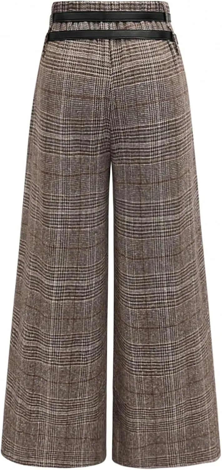 SOLY HUX Women's Plus Size Dress Pants Plaid Wide Leg High Waisted Work Office Tailored Pants with Belt