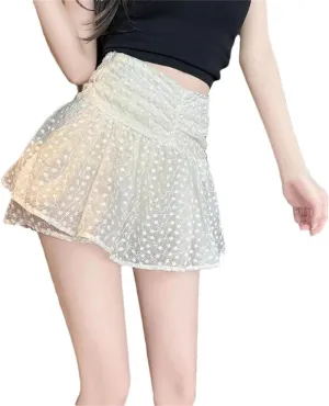 Spring and Summer Women's Embroidered Mini Skirt Pleated High Waist A-Line Shorts Skirt