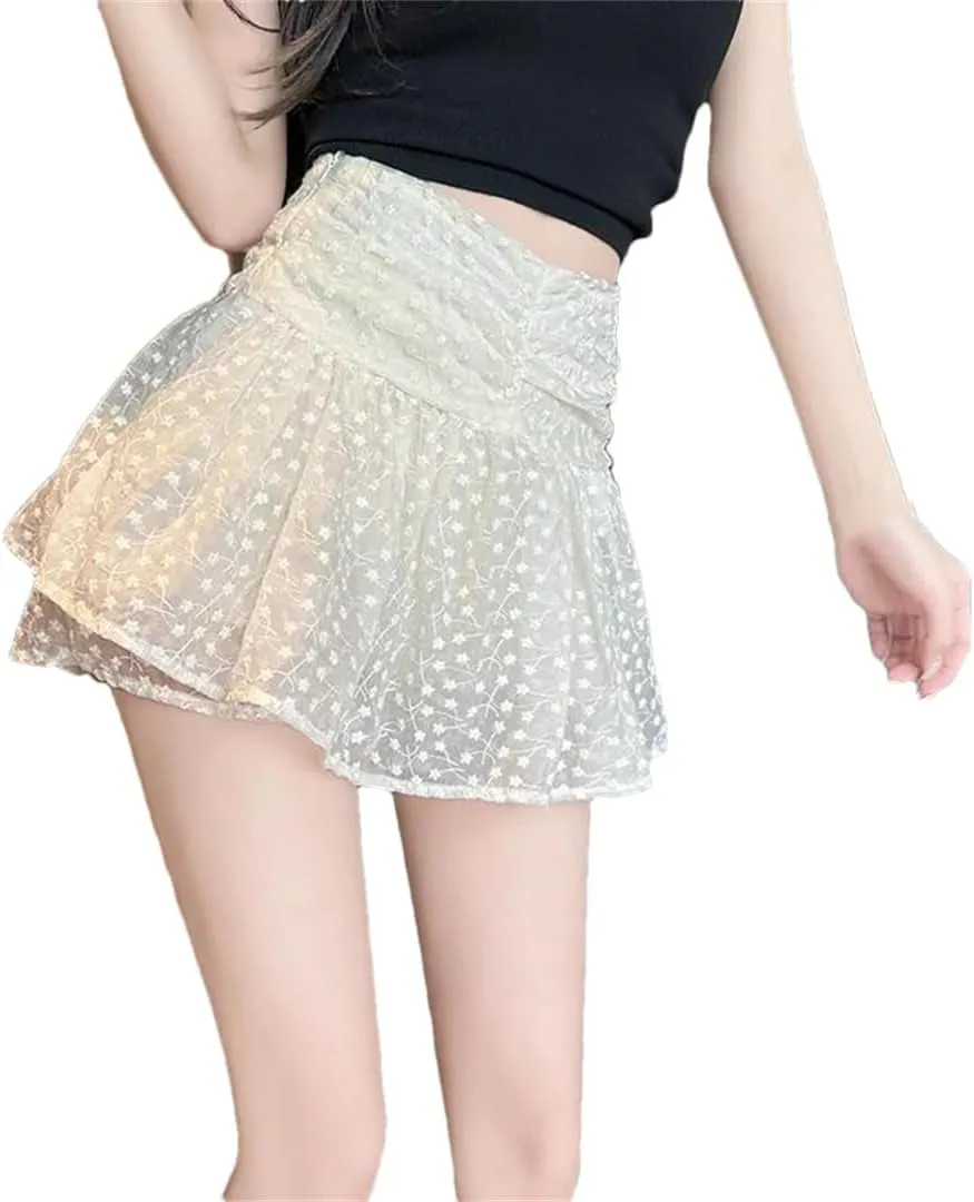 Spring and Summer Women's Embroidered Mini Skirt Pleated High Waist A-Line Shorts Skirt