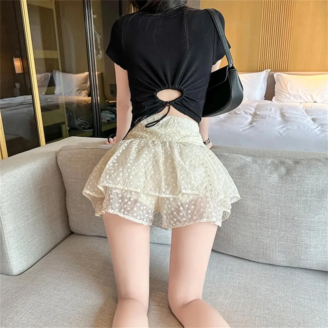 Spring and Summer Women's Embroidered Mini Skirt Pleated High Waist A-Line Shorts Skirt
