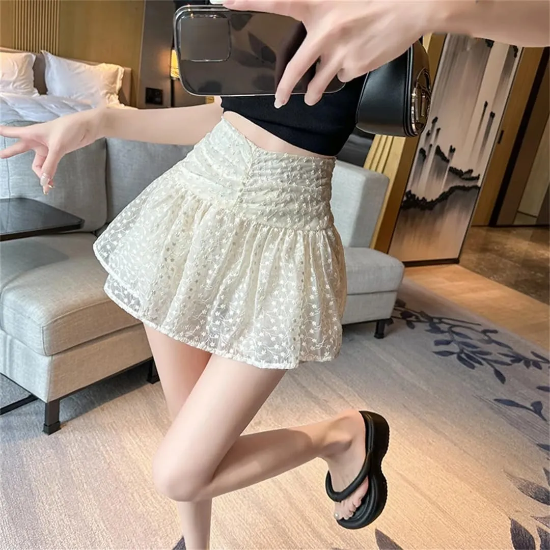 Spring and Summer Women's Embroidered Mini Skirt Pleated High Waist A-Line Shorts Skirt