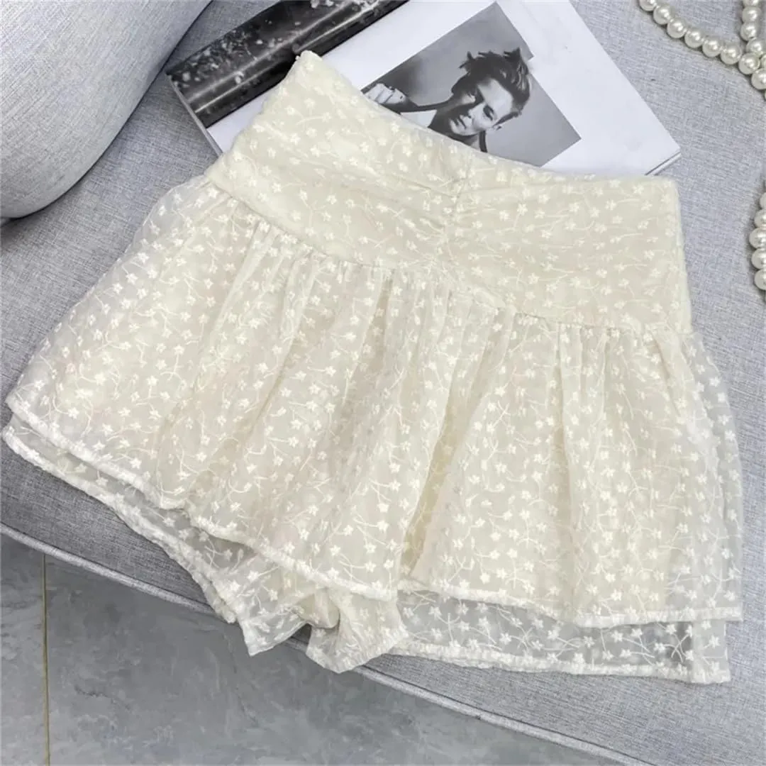 Spring and Summer Women's Embroidered Mini Skirt Pleated High Waist A-Line Shorts Skirt