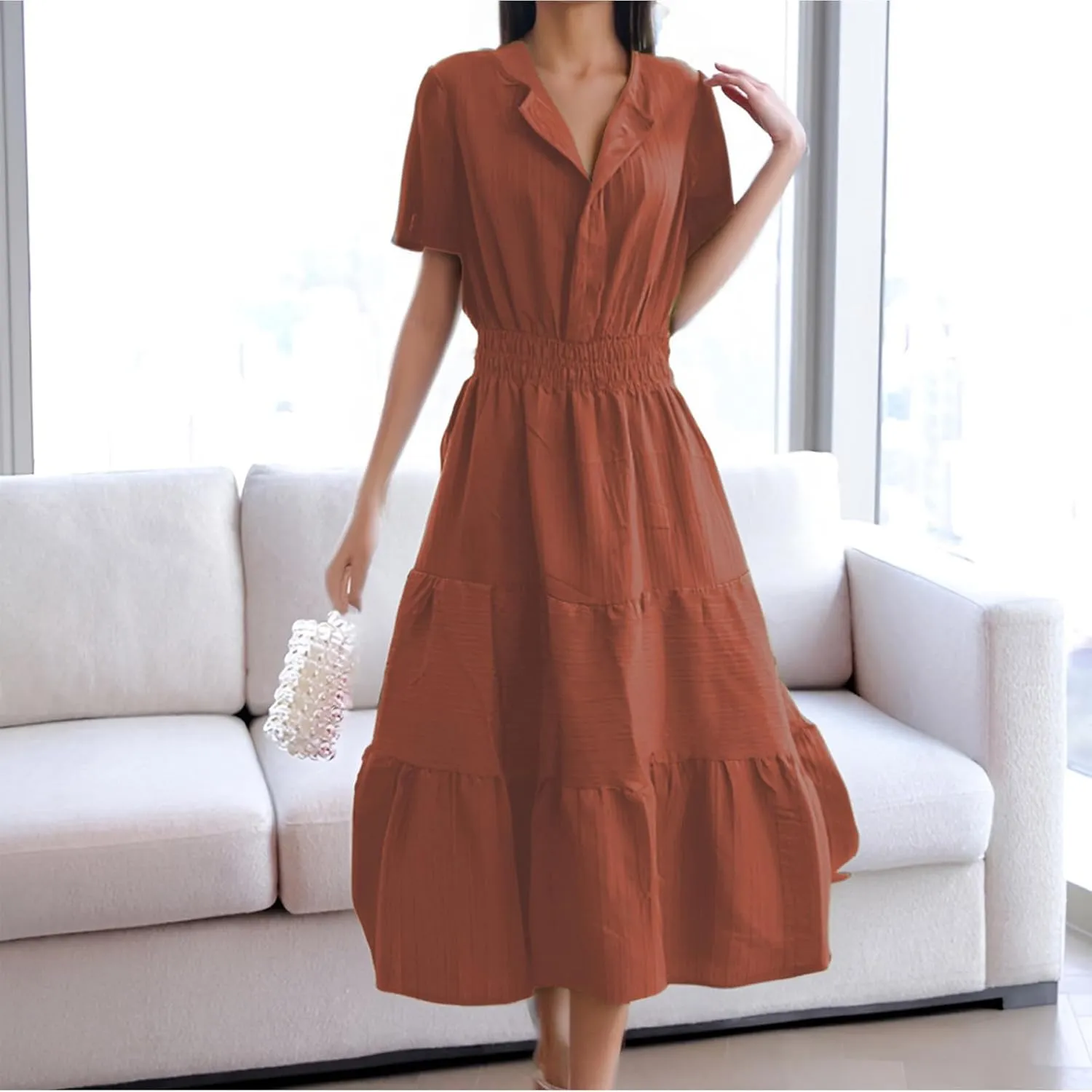 Spring Dresses for Women 2025 Plus Size Short Sleeve Polo V Neck Tiered Puff Hem Elastic Waist Tshirt Dress Graduation Outfit