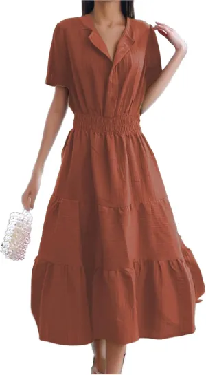 Spring Dresses for Women 2025 Plus Size Short Sleeve Polo V Neck Tiered Puff Hem Elastic Waist Tshirt Dress Graduation Outfit