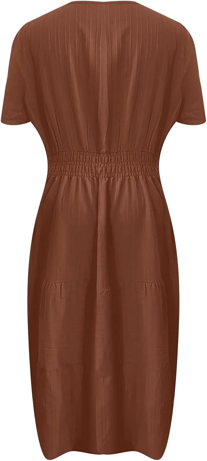 Spring Dresses for Women 2025 Plus Size Short Sleeve Polo V Neck Tiered Puff Hem Elastic Waist Tshirt Dress Graduation Outfit